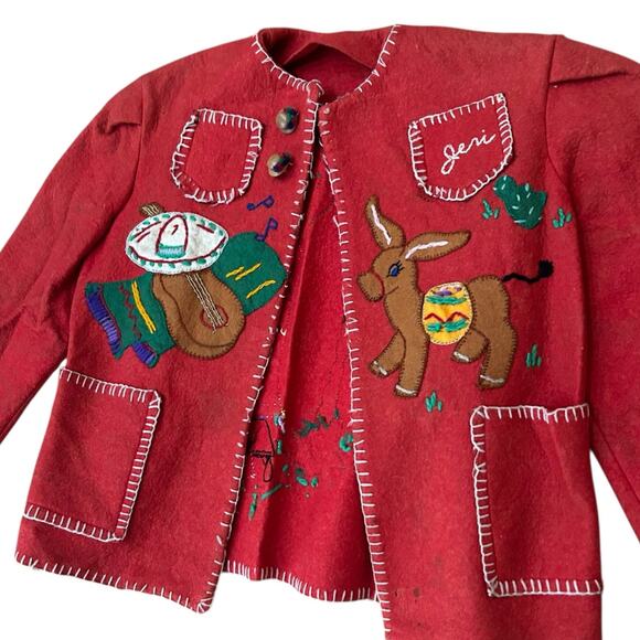 Vintage 1940s Mexican Hand Embroidered Red Wool Jacket | kids 7 year old - - Picture 2 of 5